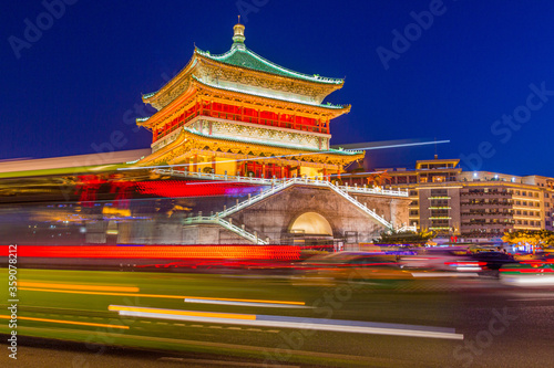 Evening view of the traffic around Bell Tower in Xi'an, China
