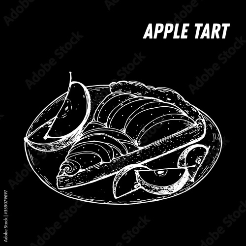 French dessert apple tart sketch. French pastries . Food menu design template. Hand drawn sketch vector illustration.