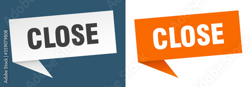 close banner. close speech bubble label set. close sign