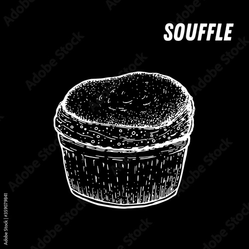 French dessert souffle sketch. French pastries . Food menu design template. Hand drawn sketch vector illustration.