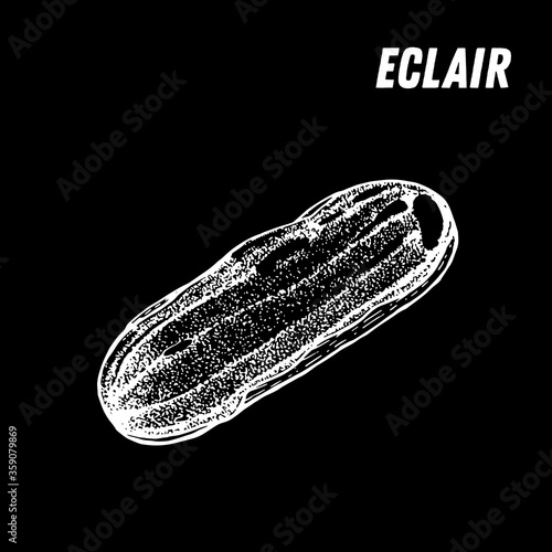 French dessert eclair sketch. French pastries . Food menu design template. Hand drawn sketch vector illustration.
