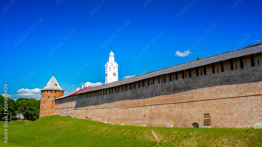 It's Walls of the Novgorod Kremlin. Historic Monuments of Novgorod and Surroundings, UNESCO World Heritage Site, Novgorod, Russia
