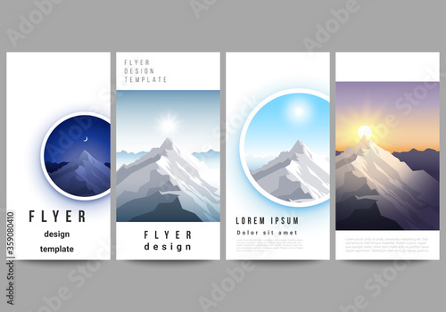 The minimalistic vector illustration of the editable layout of flyer, banner design templates. Mountain illustration, outdoor adventure. Travel concept background. Flat design vector.