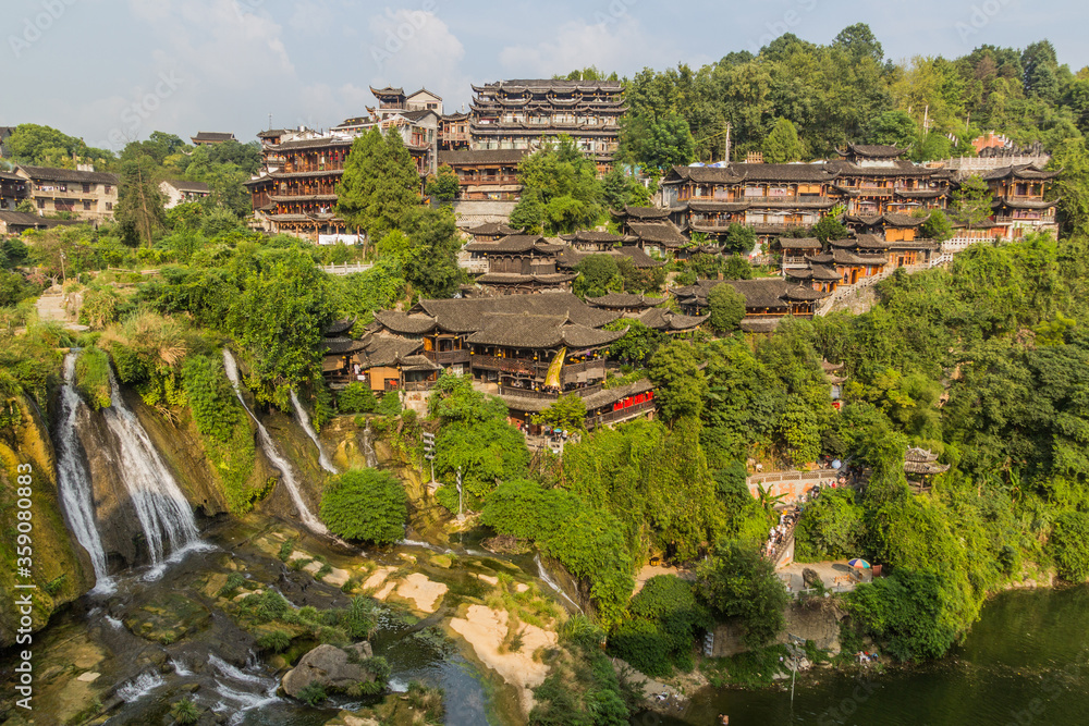 View of Furong Zhen town and waterfall, Hunan province, China