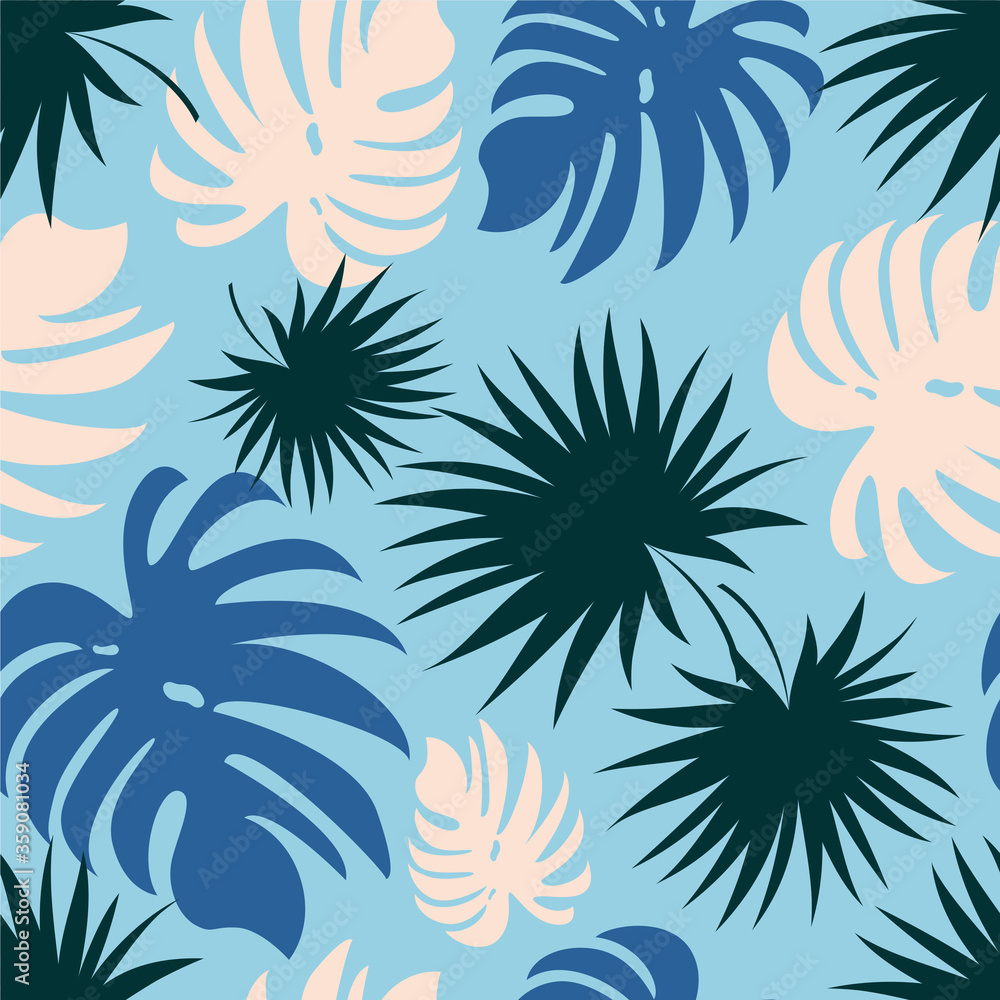 Fototapeta premium Palm leaves. Seamless cartoon pattern with tropical plants suitable for decoration of fabrics, textiles, packaging, perfumes, illustrations, magazines. Set of vector posters.