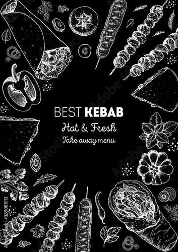 Doner kebab and ingredients for kebab, sketch illustration. Arabic cuisine frame. Fast food menu design elements. Shawarma hand drawn frame. Middle eastern food.