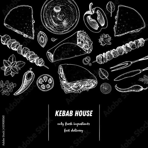 Doner kebab cooking and ingredients for kebab, sketch illustration. Arabic cuisine frame. Fast food menu design elements. Shawarma hand drawn frame. Middle eastern food.