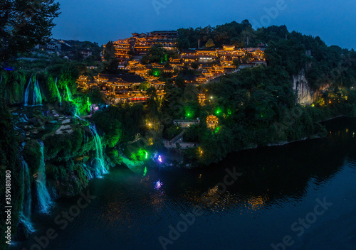 Evening view of Furong Zhen town and waterfall  Hunan province  China
