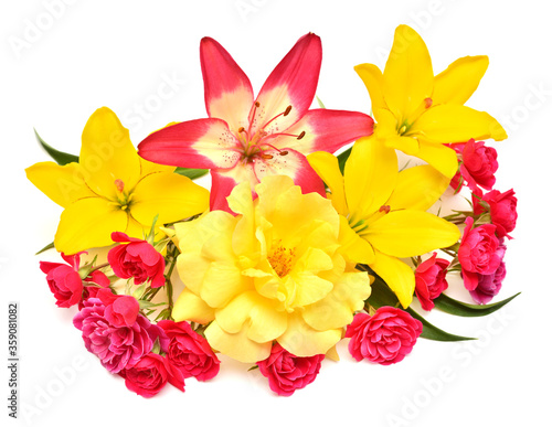 Flowers yellow lilies and pink roses with leaves isolated on white background. Beautiful bouquet © Flower Studio