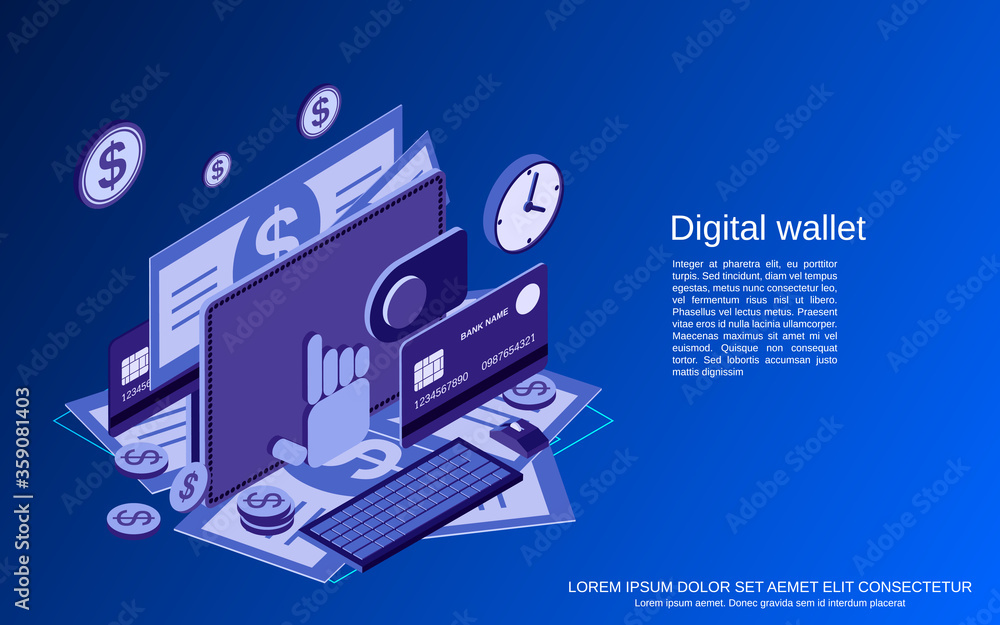 Digital wallet flat 3d isometric vector concept illustration
