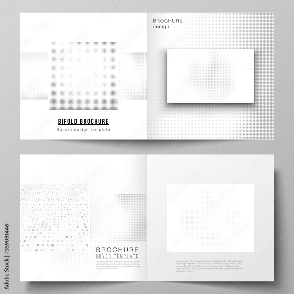 Vector layout of two covers templates for square design bifold brochure, flyer, magazine, cover design, brochure cover. Halftone effect decoration with dots. Dotted pattern for grunge style decoration Vector layout of two covers templates for square design bifold brochure, flyer, magazine, cover design, brochure cover. Halftone effect decoration with dots. Dotted pattern for grunge style decoration