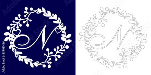 Vector wedding initial monogram for laser cutting. Letter N of the decorative monogram in a floral frame. The perfect gift for wedding day. Holiday decoration. Holiday frame  border. Vector template.