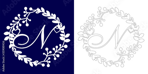 Vector wedding initial monogram for laser cutting. Letter N of the decorative monogram in a floral frame. The perfect gift for wedding day. Holiday decoration. Holiday frame, border. Vector template.