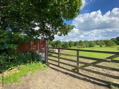 Farm gate, leading into a field with a shed in, Thackley, Bradford, UK