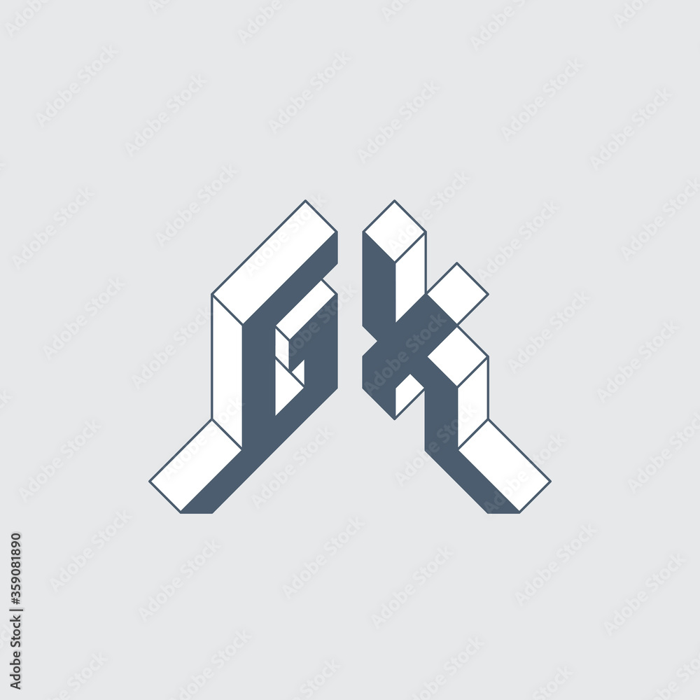 G and X - Monogram or logotype. Isometric 3d font for design. Three-dimension letters. GX - 2-letter code. Vector.