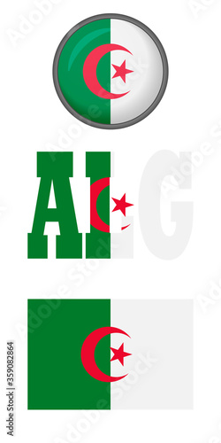 The flag of Algeria icon is set on a white background. Vector image: flag of Algeria, the button and the abbreviation. You can use it to create a website, print brochures, booklets, leaflets,guidebook