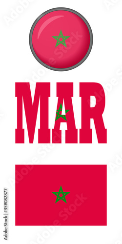 The flag of Morocco icon is set on a white background. Vector image: flag of Morocco, button and abbreviation. You can use it to create a website, print brochures, booklets, leaflets, or a guidebook.