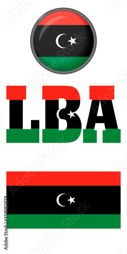 The flag of Libya icon is set on a white background. Vector image: flag of Libya, button and abbreviation. You can use it to create a website, print brochures, booklets, leaflets, or a travel guide.