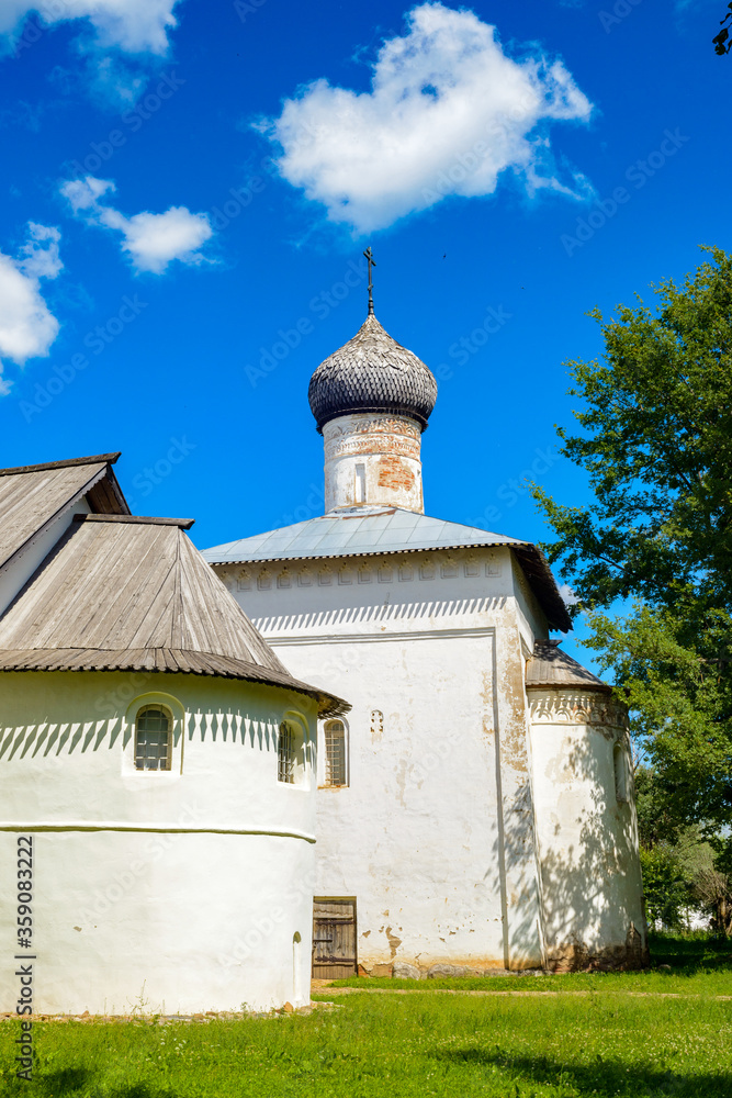 It's Transfiguration Monastery on a sunny day in the town of Staraya Russa, a town in Novgorod District, Russia