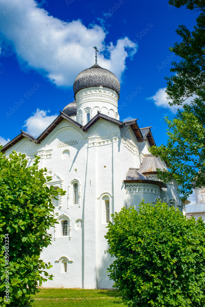 It's Transfiguration Monastery on a sunny day in the town of Staraya Russa, a town in Novgorod District, Russia