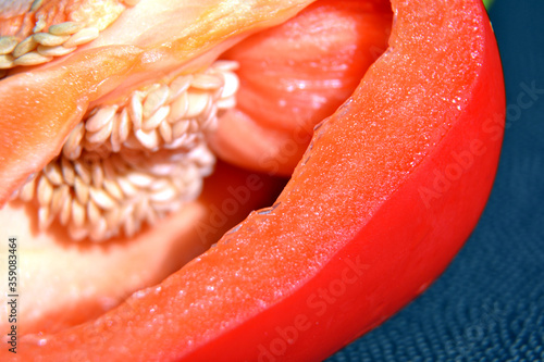 Red pepper with seeds inside. Extreme macro shot.