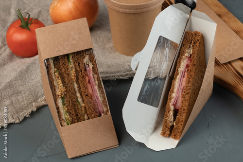 Soup and sandwiches in eco packaging - with fresh vegetables, tuna, lean vegetable ham. Vegan food.