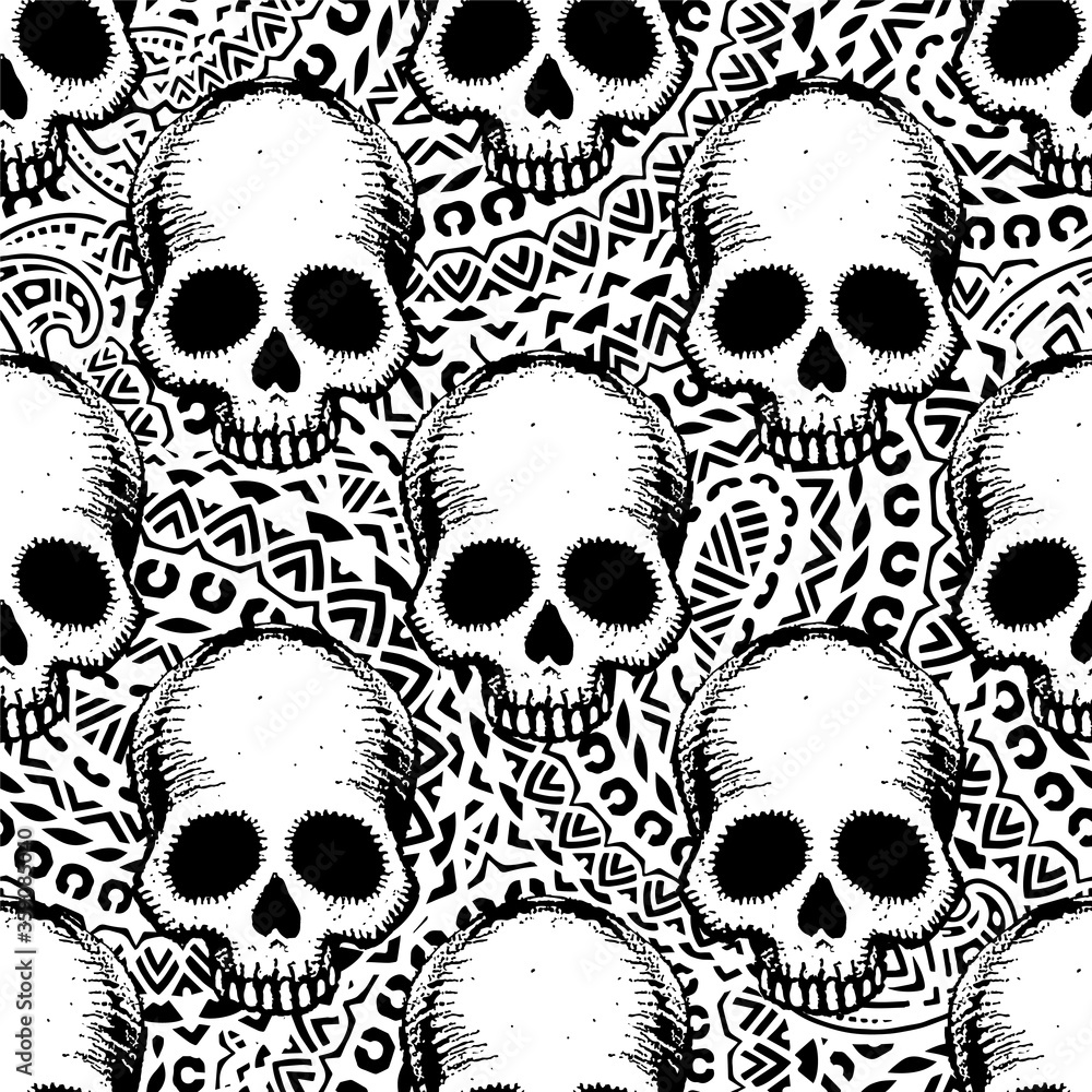 Ethnic seamless pattern with skulls. Great for printing on fabric, paper, wallpaper and other surfaces.