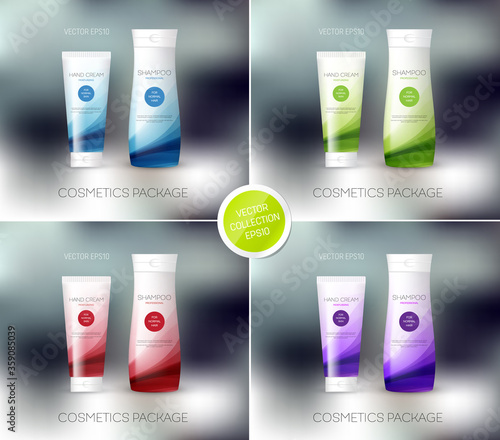 Vector cosmetics package design template, mockup. Shampoo bottle, conditioner, cream, tube, personal care products design