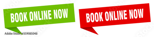 book online now banner. book online now speech bubble label set. book online now sign