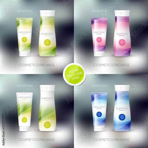 Vector cosmetics package design template, mockup. Shampoo bottle, conditioner, cream, tube, personal care products design