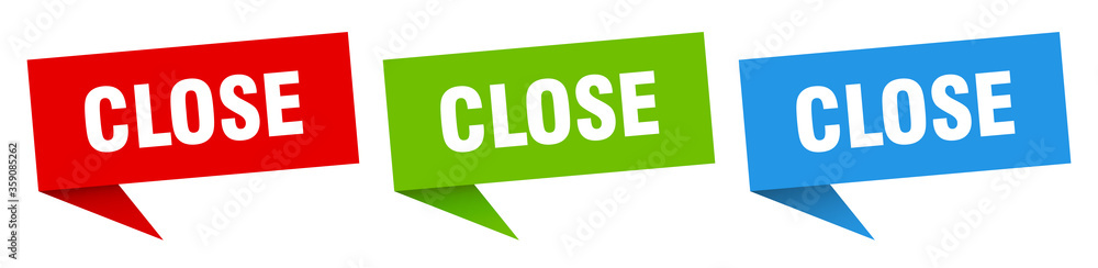 close banner. close speech bubble label set. close sign close banner. close speech bubble label set. close sign