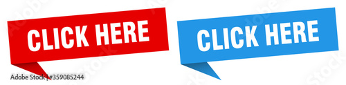 click here banner. click here speech bubble label set. click here sign