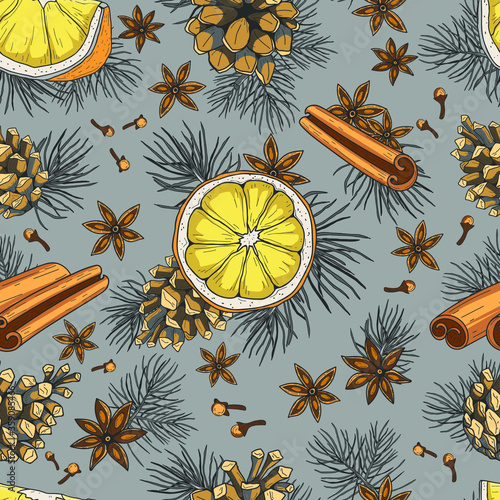 Cones, cloves, oranges and cinnamone seamless pattern. Vector illustration. photo