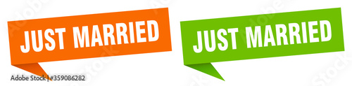 just married banner. just married speech bubble label set. just married sign