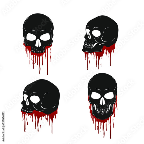 Collection of human skull with dripping blood isolated on white. Vector illustration.