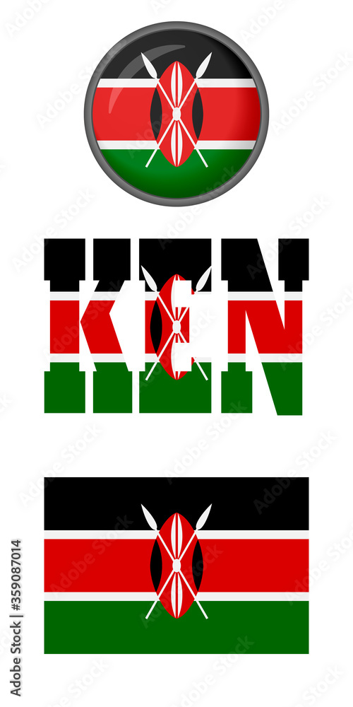Icons of the flag of Kenya on a white background. Vector image: flag of Kenya, the button and the abbreviation. You can use it to create a website, print brochures, booklets, leaflets, travel guides. Icons of the flag of Kenya on a white background. Vector image: flag of Kenya, the button and the abbreviation. You can use it to create a website, print brochures, booklets, leaflets, travel guides.