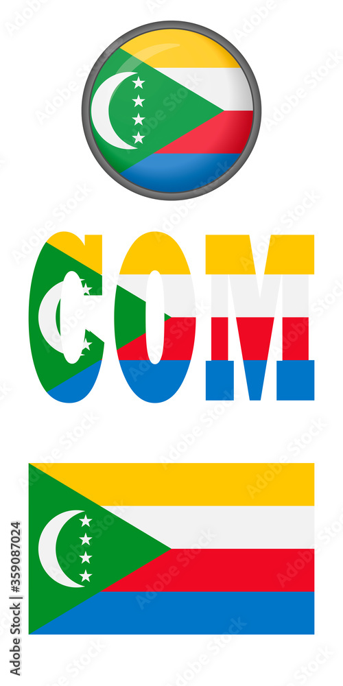 Icons of the Comoros islands flag on a white background. Vector image: flag of the Comoros islands, a button and an abbreviation. You can use it to create a website, print brochures, booklets, leaflet Icons of the Comoros islands flag on a white background. Vector image: flag of the Comoros islands, a button and an abbreviation. You can use it to create a website, print brochures, booklets, leaflet