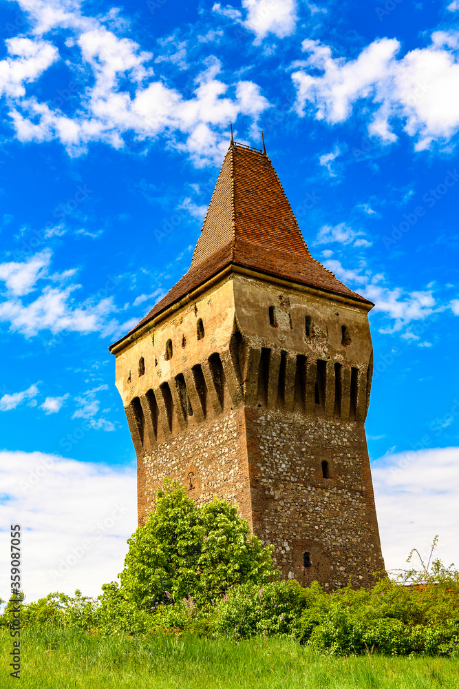 Tower of the Corvin Castle, a Gothic-Renaissance castle in Hunedoara, Romania. One of the largest castles in Europe