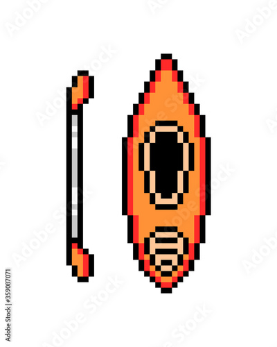 Orange kayak and a paddle, pixel art icon isolated on white background.  Water sport pictogram. Travelling equipment symbol. 8 bit old school vintage retro slot machine/video game graphics.