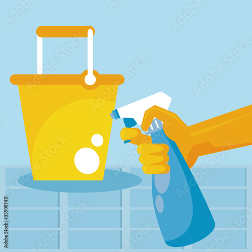 disinfect and clean activity with hand using splash bottle and bucket