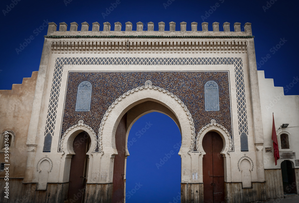 Blue gates, Bab Bou Jeloud in Fes, Morocco,view of old medina circa 2019