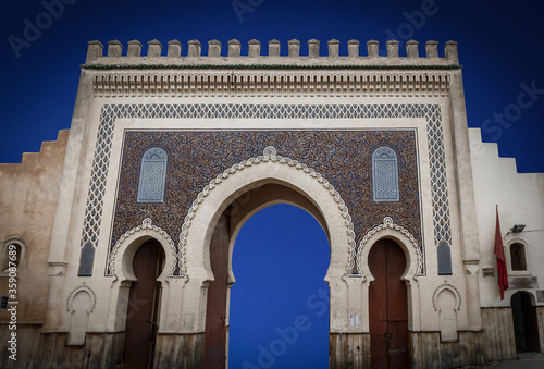 Blue gates, Bab Bou Jeloud in Fes, Morocco,view of old medina circa 2019