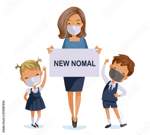 Back to school for new normal concept. Teachers and children wearing sanitary masks.