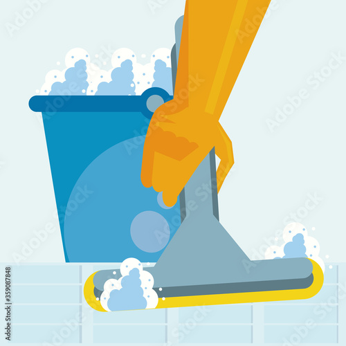 disinfect and clean activity with cleaning glass squeegee and bucket
