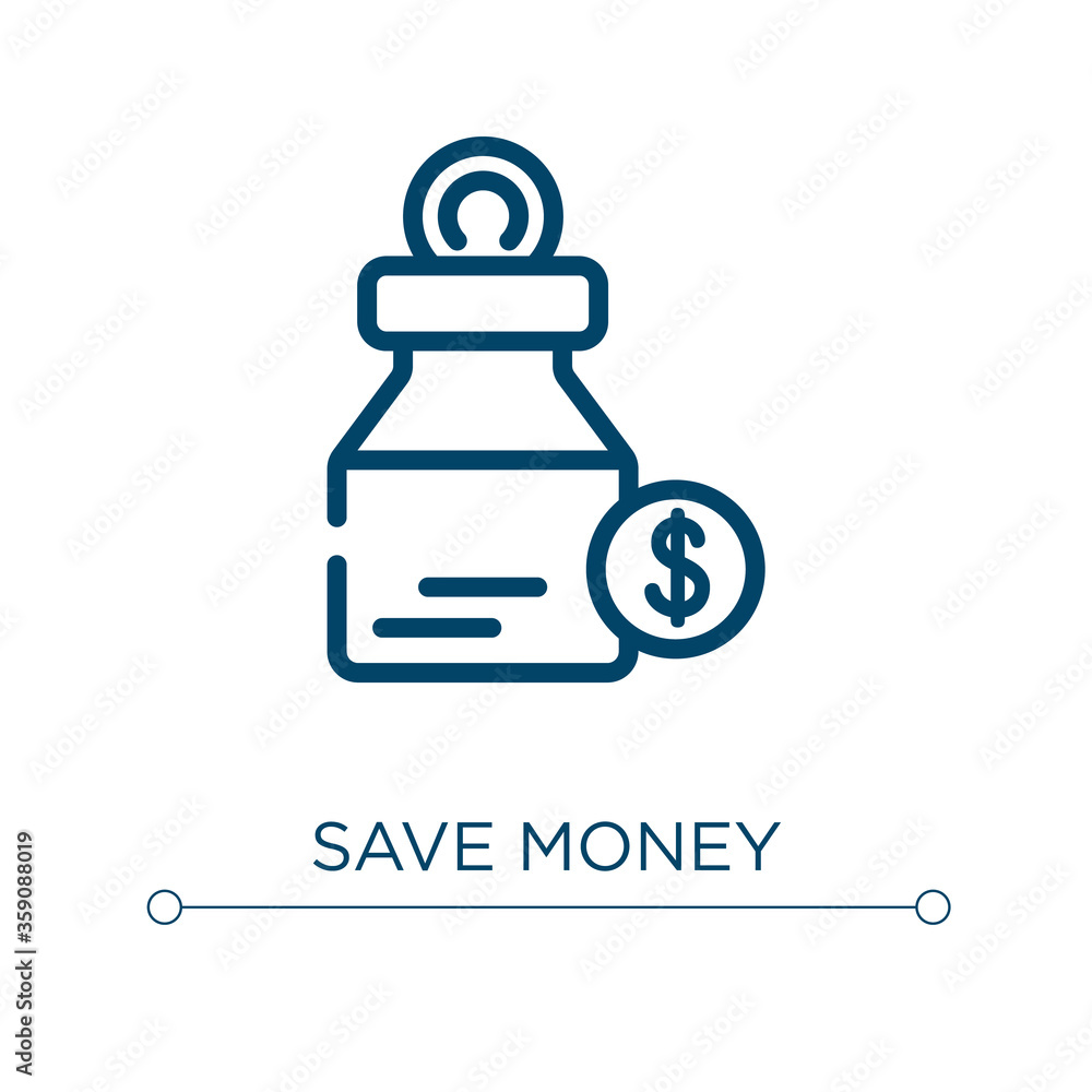 Save money icon. Linear vector illustration. Outline save money icon vector. Thin line symbol for use on web and mobile apps, logo, print media. Save money icon. Linear vector illustration. Outline save money icon vector. Thin line symbol for use on web and mobile apps, logo, print media.