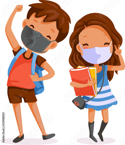 Back to school for new normal concept. Children uniform wearing sanitary masks. 