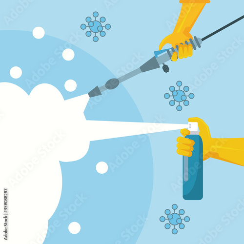 disinfect and clean activity with hand using splash bottle and sprayer