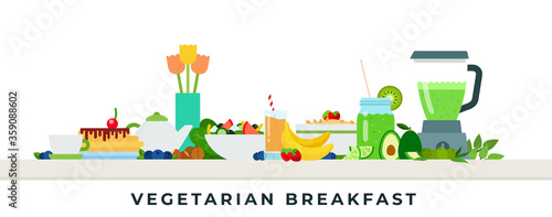 Vegetarian breakfast vector illustration in flat design.