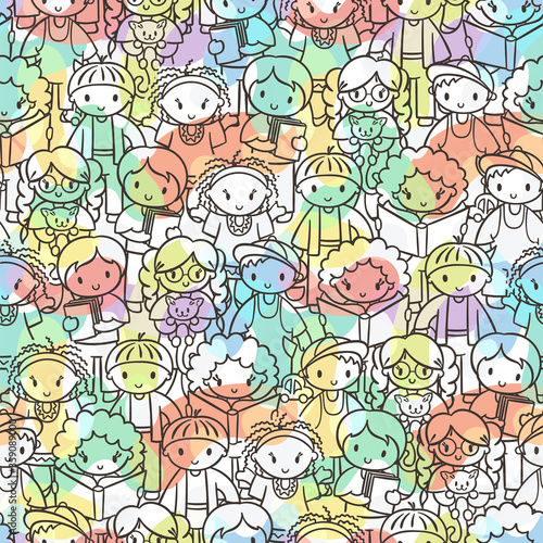 Doodel seamless pattern with group of children, teens, girls, boys with different hairstyles and toys