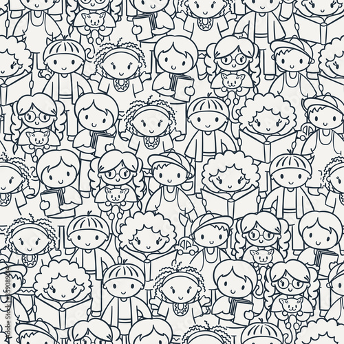 Doodel seamless pattern with group of children  teens  girls  boys with different hairstyles and toys